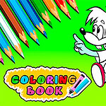Hình ảnh hai nhân vật hoạt hình dễ thương đang cầm bút màu bên cạnh dòng chữ Coloring Book