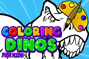 Hình ảnh một con khủng long đang đội bảng màu và bút vẽ trên đầu với dòng chữ Coloring Dinos for Kids nhiều màu sắc