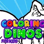 Hình ảnh một con khủng long đang đội bảng màu và bút vẽ trên đầu với dòng chữ Coloring Dinos for Kids nhiều màu sắc