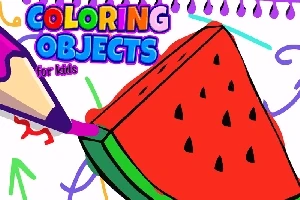 Một miếng dưa hấu đang được tô màu tím bằng bút chì màu với chữ Coloring Objects for kids ở góc trên bên trái