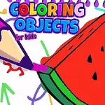 Một miếng dưa hấu đang được tô màu tím bằng bút chì màu với chữ Coloring Objects for kids ở góc trên bên trái