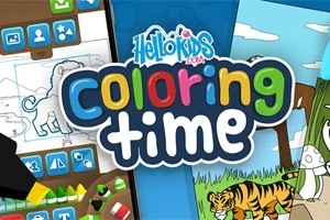 Hình ảnh giới thiệu tiêu đề coloring time đầy màu sắc, kèm theo các hình vẽ tô màu của sư tử và hổ
