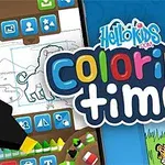 Hình ảnh giới thiệu tiêu đề coloring time đầy màu sắc, kèm theo các hình vẽ tô màu của sư tử và hổ