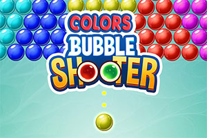 Logo Colors Bubble Shooter ở giữa, bao quanh bởi các bong bóng màu sắc xếp thành vòng cung trên nền xanh nhạt