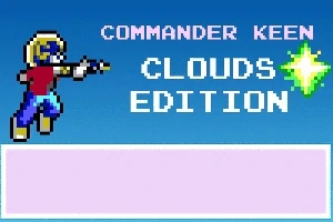 Nhân vật hoạt hình pixel với mũ bảo hiểm xanh và áo đỏ cầm súng, bên cạnh chữ Clouds Edition trên nền xanh da trời