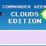 Nhân vật hoạt hình pixel với mũ bảo hiểm xanh và áo đỏ cầm súng, bên cạnh chữ Clouds Edition trên nền xanh da trời