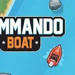 Chữ Commando Boat trên nền nước xanh, thuyền đỏ và bãi cỏ cạnh bờ sông