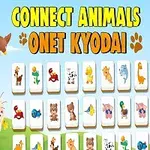 Hình ảnh có các ô động vật với hình vẽ hổ, khủng long, các thẻ động vật và dòng chữ Connect Animals Onet Kyodai