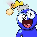 Nhân vật hoạt hình màu xanh vui vẻ với một nút khuy thay mắt và vương miện vàng, cùng với bàn tay chỉ vào vương miện