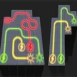 Connect It Nhiều đường dây điện với màu sắc khác nhau đang kết nối các ký hiệu năng lượng trên nền tối