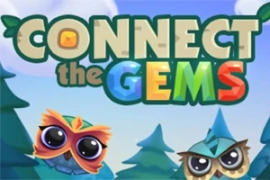 Dòng chữ Connect the Gems với hình hai con cú hoạt hình và cây cối phía sau