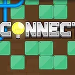 Chữ CONNECTOR với hình bóng đèn sáng nằm trên nền gạch màu nâu và các ô vuông màu xanh lá cùng các đường ống màu xanh dương