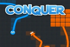 Hai nhân vật hình vẽ với đường cong màu xanh và cam đang di chuyển trên nền ô vuông, với chữ CONQUER lớn phía trên