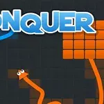 Hai nhân vật hình vẽ với đường cong màu xanh và cam đang di chuyển trên nền ô vuông, với chữ CONQUER lớn phía trên