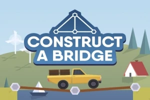 Một chiếc xe tải màu vàng đi qua cây cầu, phía trên có dòng chữ lớn màu trắng CONSTRUCT A BRIDGE, nền phía sau là cảnh thiên nhiên với cây cối và một ngôi nhà