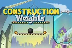Hình ảnh có dòng chữ Construction Weights với một quả bóng đen treo trên giàn khung, kèm nền là cảnh thành phố với các tòa nhà cao tầng