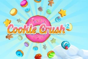Chữ Cookie Crush 2 màu hồng và trắng nổi bật trên nền bánh donut hồng và nhiều loại bánh kẹo đầy màu sắc xung quanh