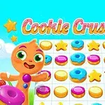 Hình ảnh nhân vật bánh gừng vui vẻ đứng cạnh lưới ô vuông với bánh donut, bánh quy hình ngôi sao và kẹo, nền có bầu trời xanh và mây trắng