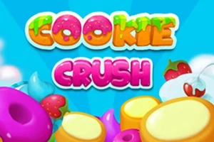 Hình ảnh với chữ Cookie Crush đầy màu sắc, nền là bầu trời xanh, phía dưới là các hình dạng kẹo ngọt và trái cây tươi sáng
