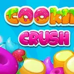 Hình ảnh với chữ Cookie Crush đầy màu sắc, nền là bầu trời xanh, phía dưới là các hình dạng kẹo ngọt và trái cây tươi sáng