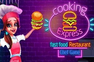 Cô gái trong trang phục đầu bếp cầm chiếc hamburger bên cạnh biển hiệu neon nhiều màu sắc