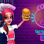 Cô gái trong trang phục đầu bếp cầm chiếc hamburger bên cạnh biển hiệu neon nhiều màu sắc