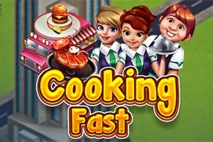 Hình ảnh có ba nhân vật mặc đồng phục nhà hàng, một xe tải thức ăn với đĩa thức ăn và dòng chữ Cooking Fast