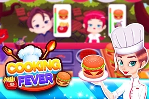 Hình ảnh có một đầu bếp đội mũ trắng cầm đĩa bánh hamburger, hai thực khách chờ đồ ăn và logo đồ họa nổi bật ở góc trái