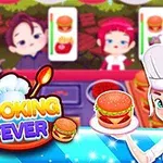 Hình ảnh có một đầu bếp đội mũ trắng cầm đĩa bánh hamburger, hai thực khách chờ đồ ăn và logo đồ họa nổi bật ở góc trái