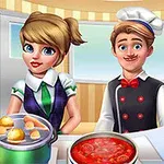 Hai nhân vật hoạt hình đang đứng trong một nhà bếp với các món ăn đang được chuẩn bị