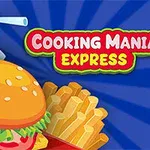 Hình ảnh trình bày một chiếc hamburger, phần khoai tây chiên và một ly nước uống có ống hút trên nền xanh dương cùng dòng chữ Cooking Mania Express