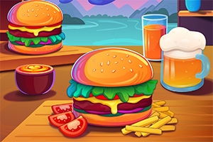 Burger sống động trên bàn với khoai tây chiên, lát cà chua, ly bia và nước cam, nền cảnh núi và hồ