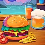 Burger sống động trên bàn với khoai tây chiên, lát cà chua, ly bia và nước cam, nền cảnh núi và hồ