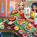 Một đầu bếp nữ hoạt hình đang chế biến món ăn trên bếp, phục vụ hai khách hàng nữ với nhiều món ăn nhanh trên bàn