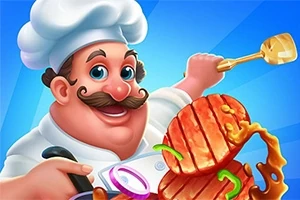 Đầu bếp hoạt hình vui vẻ đang cầm dao và xẻ một miếng thịt nướng