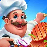 Đầu bếp hoạt hình vui vẻ đang cầm dao và xẻ một miếng thịt nướng