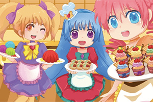 Ba nhân vật anime với kiểu tóc và màu sắc khác nhau đang cầm các món tráng miệng hấp dẫn trong một bối cảnh có vẻ là nhà bếp
