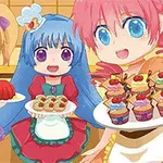 Ba nhân vật anime với kiểu tóc và màu sắc khác nhau đang cầm các món tráng miệng hấp dẫn trong một bối cảnh có vẻ là nhà bếp