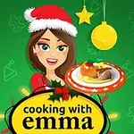 Hình ảnh một nhân vật hoạt hình nữ đội mũ Giáng sinh, cầm đĩa thức ăn, trên nền xanh với các biểu tượng trang trí lễ hội