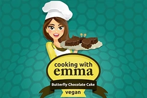 Nhân vật hoạt hình đội mũ đầu bếp, tay cầm đĩa bánh sô cô la hình cánh bướm, cùng dòng chữ cooking with emma trên nền xanh