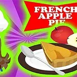 Nhân vật hoạt hình với mũ đầu bếp và bánh táo Pháp trên đĩa, bên cạnh là thìa, quả táo và chữ French Apple Pie trên nền màu tím