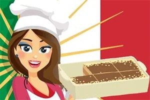 Người phụ nữ đội mũ đầu bếp cầm một khay bánh trước lá cờ Ý