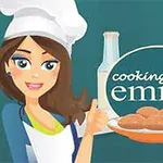 Hình ảnh một phụ nữ đội mũ đầu bếp, tay giơ ngón cái, bên cạnh là đĩa bánh và các dụng cụ nấu ăn