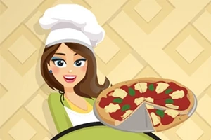 Một đầu bếp nữ hoạt hình đang cầm một chiếc bánh pizza với nền màu vàng