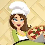 Một đầu bếp nữ hoạt hình đang cầm một chiếc bánh pizza với nền màu vàng