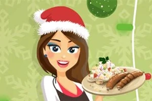 Người phụ nữ đội mũ Giáng Sinh đang cầm đĩa thức ăn với xúc xích và salad trên nền có họa tiết tuyết