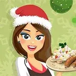 Người phụ nữ đội mũ Giáng Sinh đang cầm đĩa thức ăn với xúc xích và salad trên nền có họa tiết tuyết