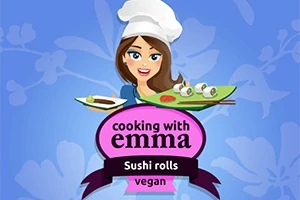 Một nhân vật hoạt hình nữ đội nón đầu bếp, cầm đĩa sushi, đứng trên nền hoa màu xanh với văn bản cooking with emma và Sushi rolls vegan