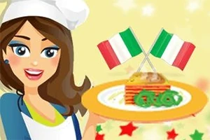 Một nhân vật hoạt hình nữ đội mũ đầu bếp cầm đĩa spaghetti, phía sau là hai lá cờ Ý bắt chéo nhau