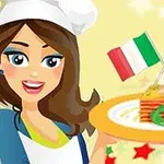 Một nhân vật hoạt hình nữ đội mũ đầu bếp cầm đĩa spaghetti, phía sau là hai lá cờ Ý bắt chéo nhau